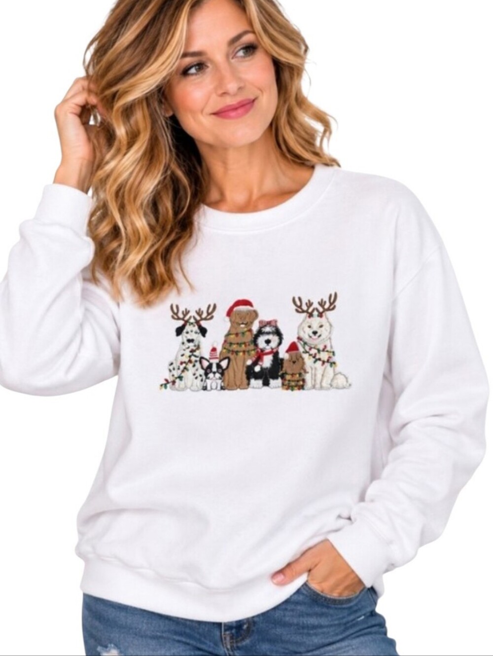 My Danielle Women’s Medium White Christmas Dogs Embroidered Holiday Sweatshirt